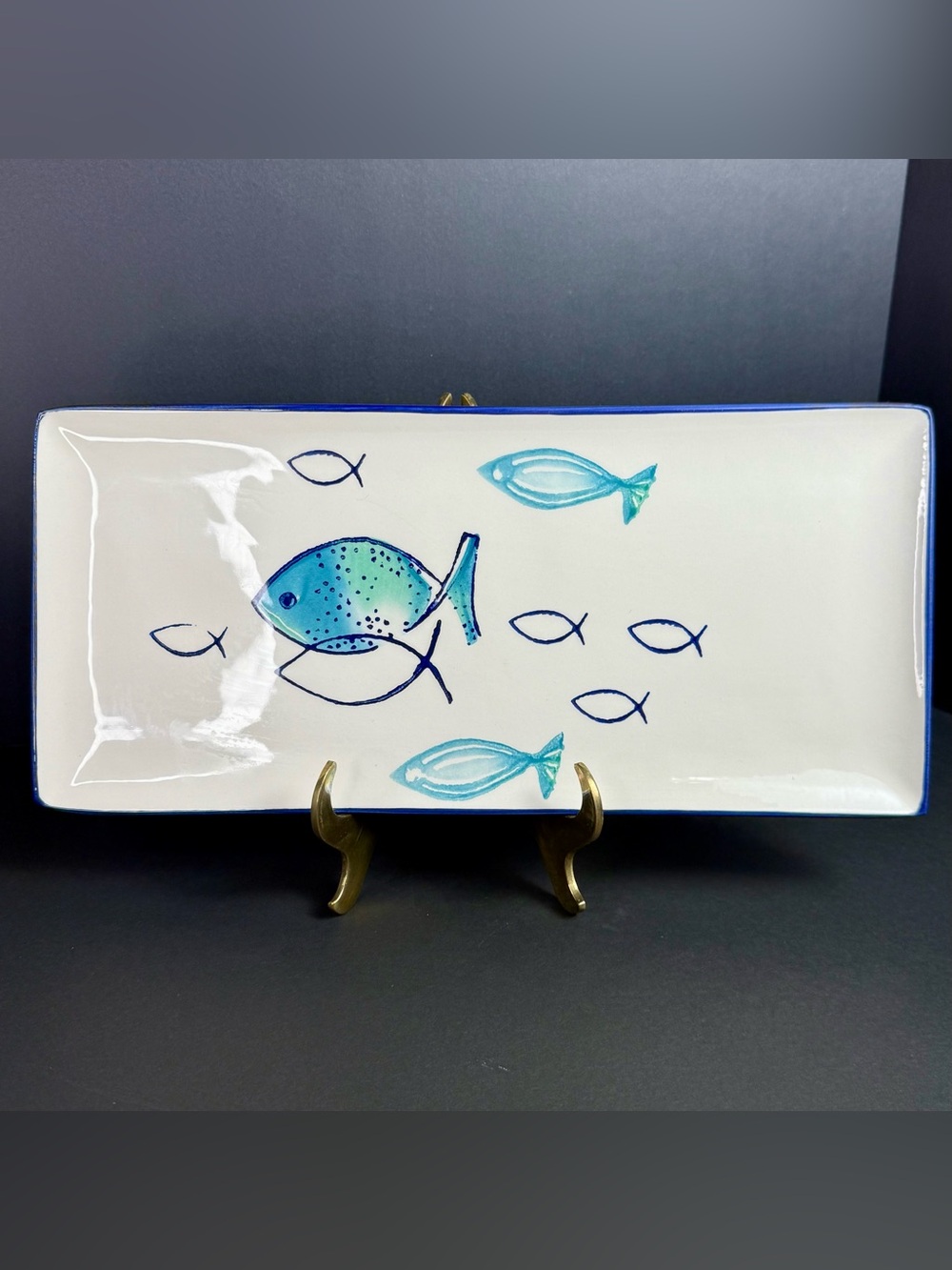 Papart Ceramic Fish Nautical Serving Platter Plate Hand painted 14 x 6.5" Jesus